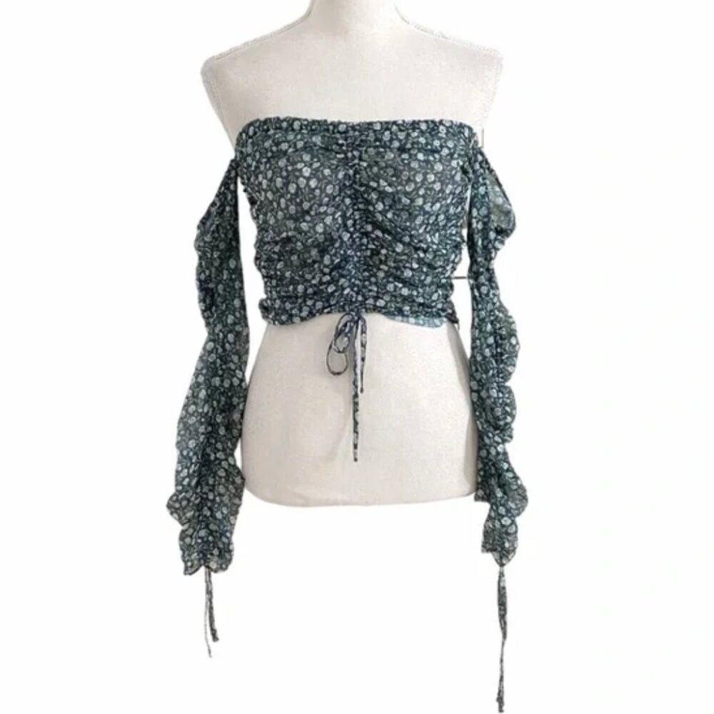 THE EAST ORDER FLORAL CINCHED LACE UP OFF THE SHOULDER SHEER CROPPED TOP